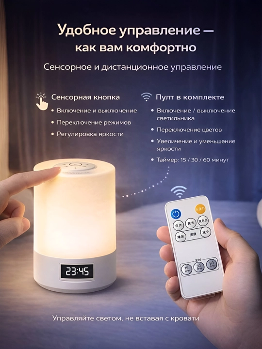 Soatli tungi chiroq, masofadan boshqaruv va 3 ta yorug‘lik rejimi