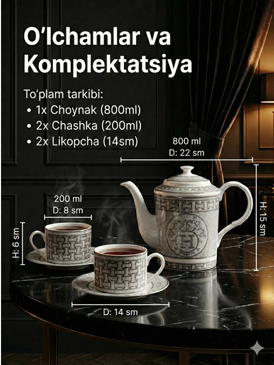 Чайный сервиз фарфоровый 1+2+2: чайник + 2 чашки + 2 блюдца, для ПММ