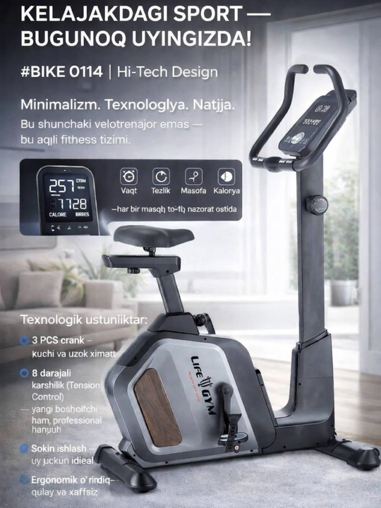 BIKE 0114 velotrenajyor – sokin ishlash, 8 daraja qarshilik va aqlli monitor