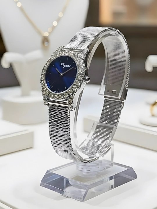 Ayollar uchun Chopard kvars soati, kumush rang, ko‘k soat yuzi, klassik dizayn - 