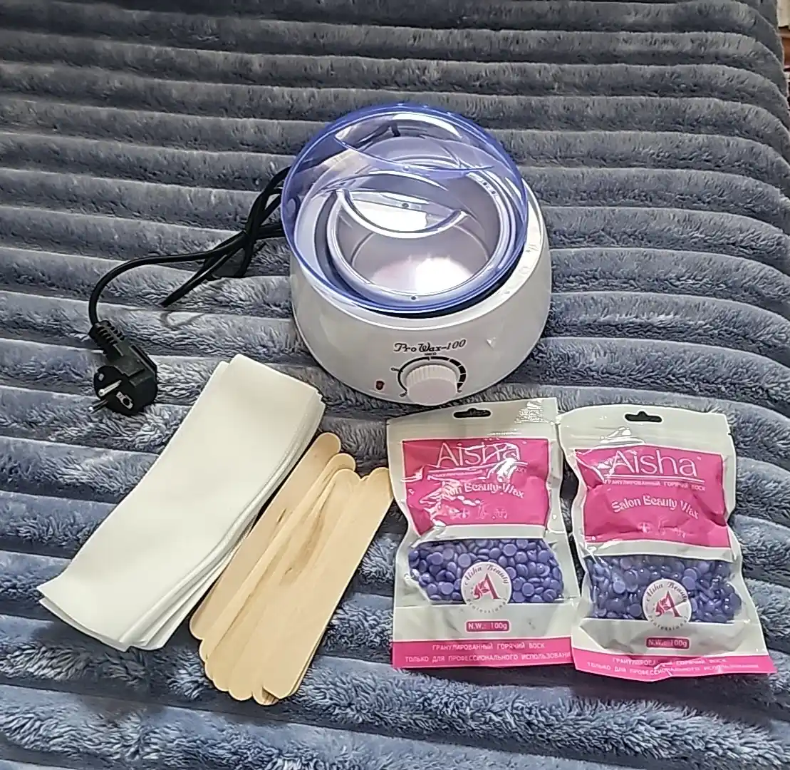 Depilatsiya to'plami: mum, depilyatsiya qozoncha, depilatsiya mumi 100 g, cho'p, 10 dona