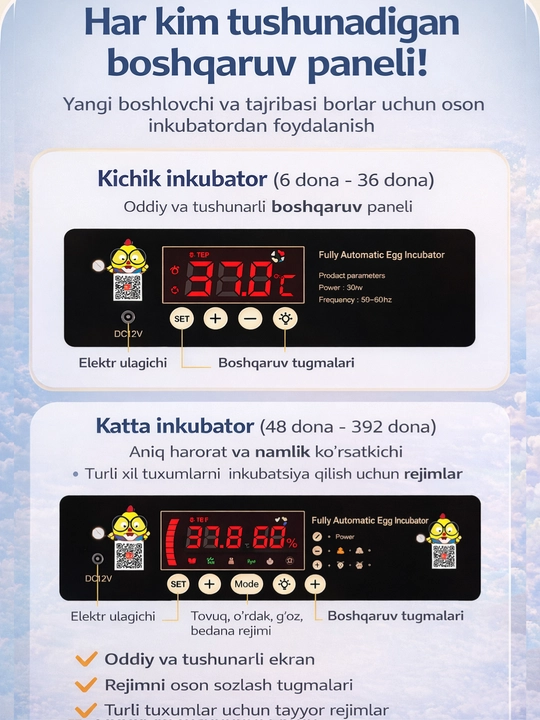 Инкубатор. для яиц. работает от 36/64/100/128/200 емкость, инкубаторов,  12 В и 220 В