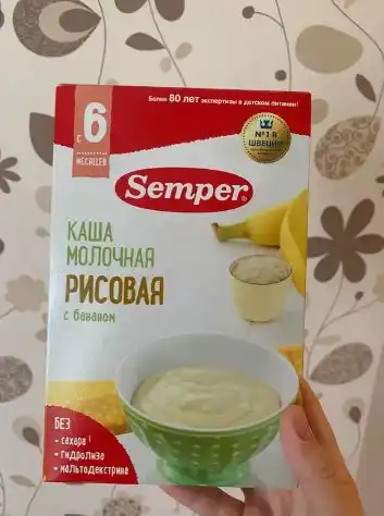 Semper chaqaloqlar sutli guruch bo'tqasi bananli, quruq, shakarsiz, 6 oylikdan 180 gr
