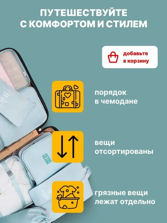 Органайзер для чемодана; органайзер дорожный; 8 предметов, синий