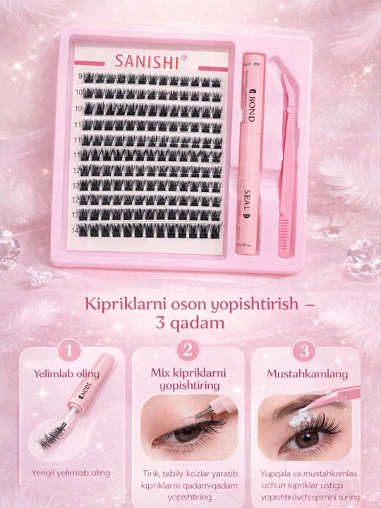 SANISHI sun’iy kipriklar to‘plami, D egri, 0.07 mm, yopishtiruvchi bilan