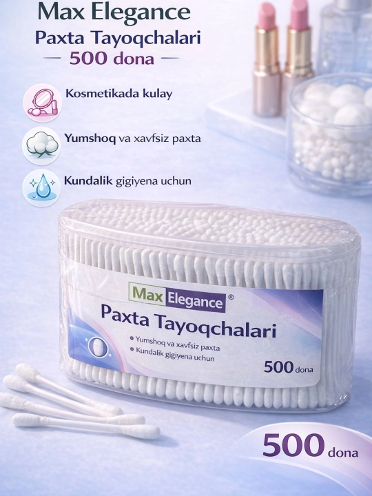 Quloq tozalagich paxta tayoqchalari kosmetika va gigiena uchun 500 dona - 