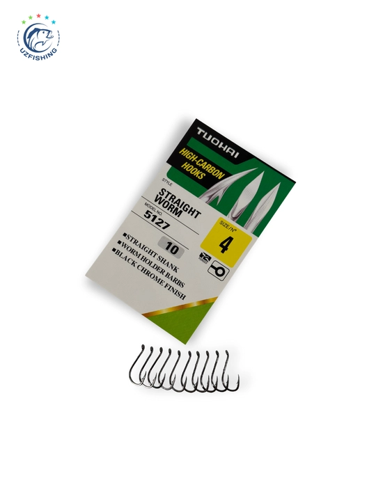 TUOHAI 5127 Straight Worm baliq ovlash qarmoqlari, yuqori uglerodli po'lat, 10 dona