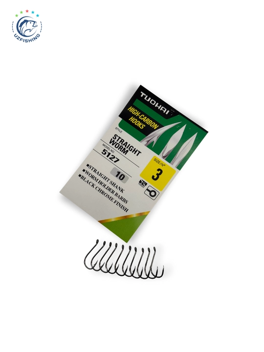 TUOHAI 5127 Straight Worm baliq ovlash qarmoqlari, yuqori uglerodli po'lat, 10 dona