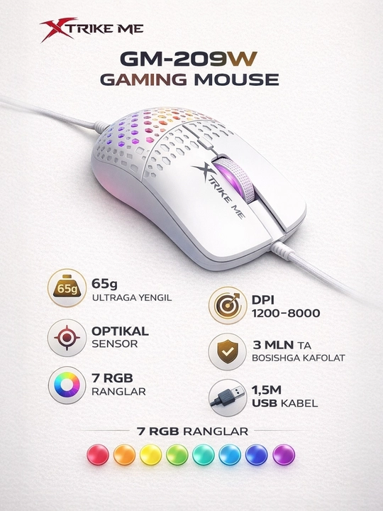 Mышка, игровые мышь RGB XTRIKE ME с чувствительностью от 1200 до 12800 DPI и точный прицел