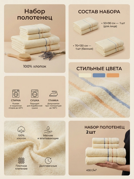 Полотенце – 100% хлопок, мягкое и хорошо впитывает влагу (банное, для лица и рук, набор)