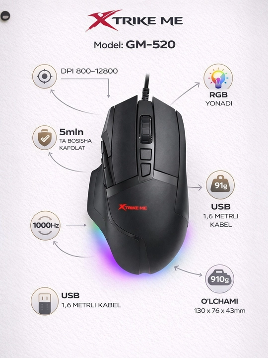 Mышка, игровые мышь RGB XTRIKE ME с чувствительностью от 1200 до 12800 DPI и точный прицел