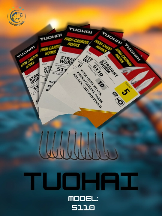 Рыболовные крючки Tuohai 5110 с бородками для червя, черный хром, прямая форма, 10 шт - 