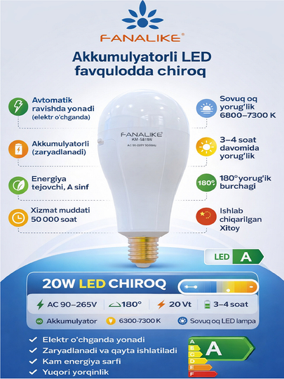 FANALIKE 20W LED chiroq akkumulyatorli, favqulodda yoritish funksiyasiga ega zamonaviy LED - 