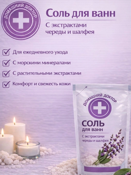 Hammom uchun tuz Domashniy Doktor, chereda va shalfey ekstraktlari bilan, 500 ml - 