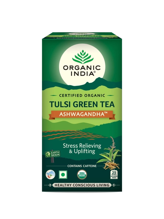 Tulsi Green Tea Organic India zanjabil limon va ashwagandhali choy Hindistonda chiqarilgan