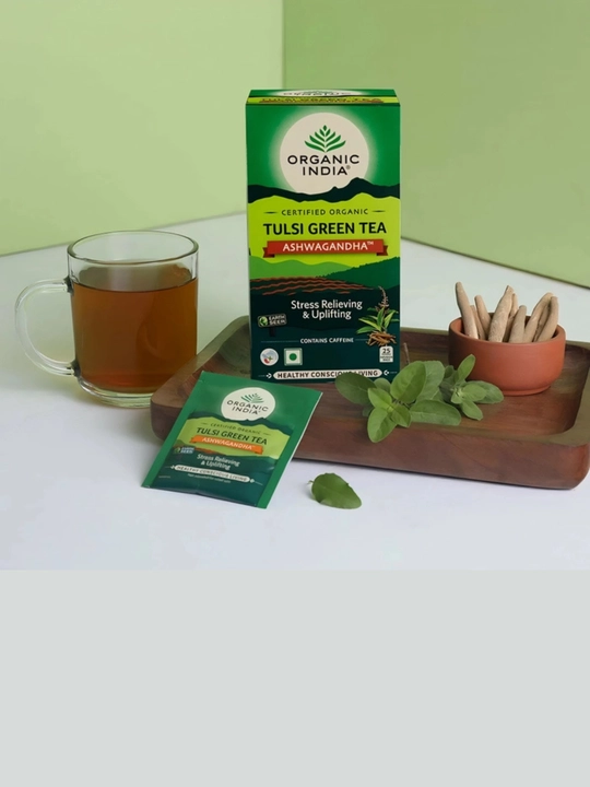 Tulsi Green Tea Organic India zanjabil limon va ashwagandhali choy Hindistonda chiqarilgan