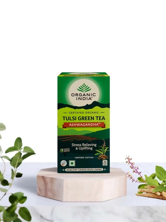 Tulsi Green Tea Organic India zanjabil limon va ashwagandhali choy Hindistonda chiqarilgan