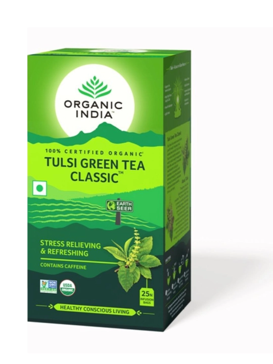 Чай Tulsi Green Tea Organic India с имбирём, лимоном и ашвагандхой, произведено в Индии 