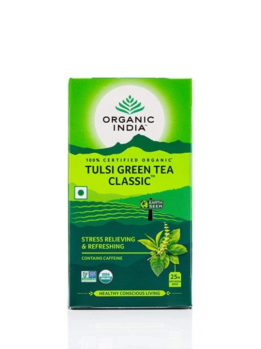 Чай Tulsi Green Tea Organic India с имбирём, лимоном и ашвагандхой, произведено в Индии 