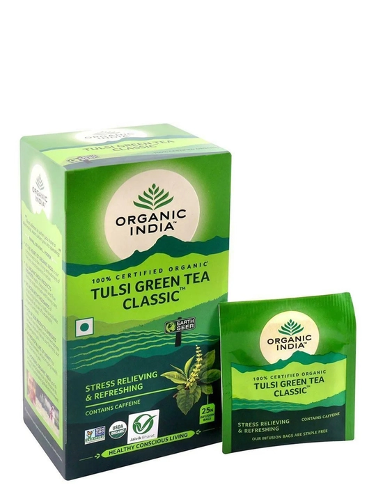 Чай Tulsi Green Tea Organic India с имбирём, лимоном и ашвагандхой, произведено в Индии 
