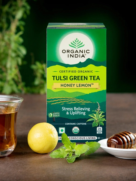Tulsi Green Tea Organic India zanjabil limon va ashwagandhali choy Hindistonda chiqarilgan