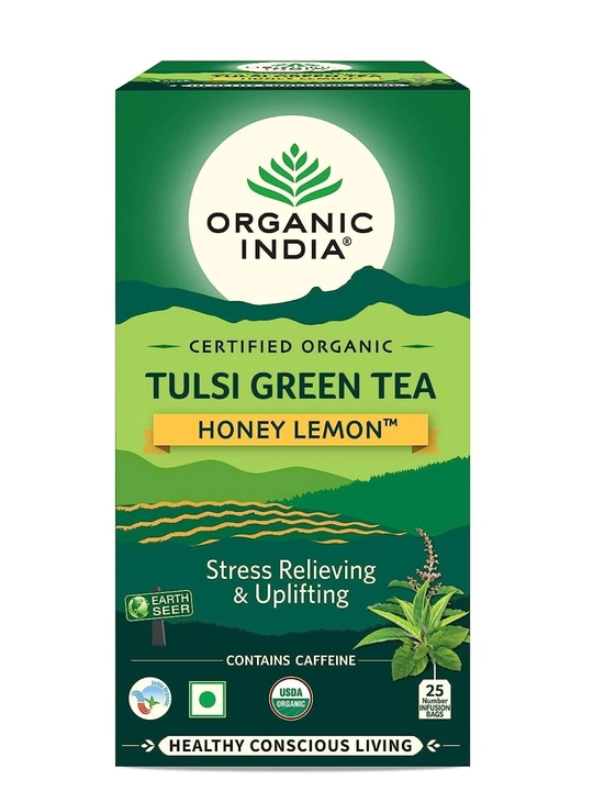 Tulsi Green Tea Organic India zanjabil limon va ashwagandhali choy Hindistonda chiqarilgan