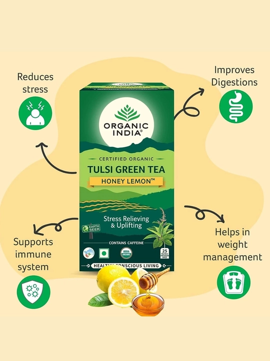 Tulsi Green Tea Organic India zanjabil limon va ashwagandhali choy Hindistonda chiqarilgan