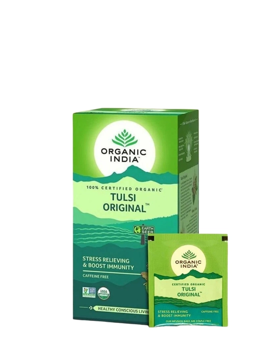Чай Tulsi Green Tea Organic India с имбирём, лимоном и ашвагандхой, произведено в Индии 