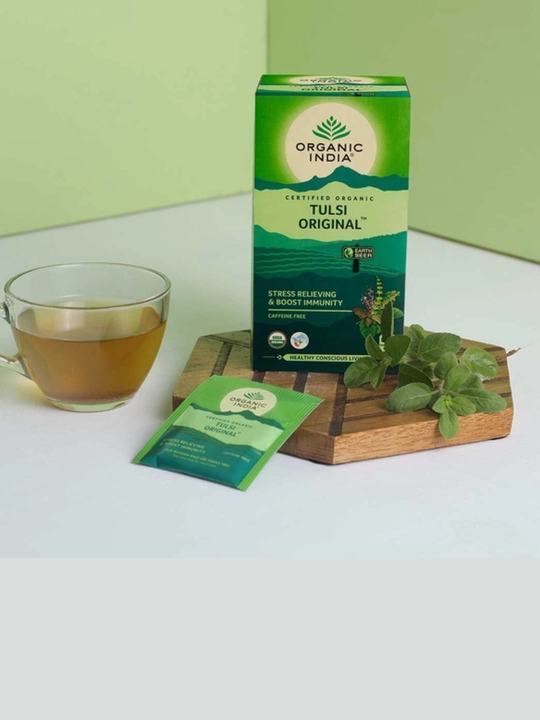 Чай Tulsi Green Tea Organic India с имбирём, лимоном и ашвагандхой, произведено в Индии 