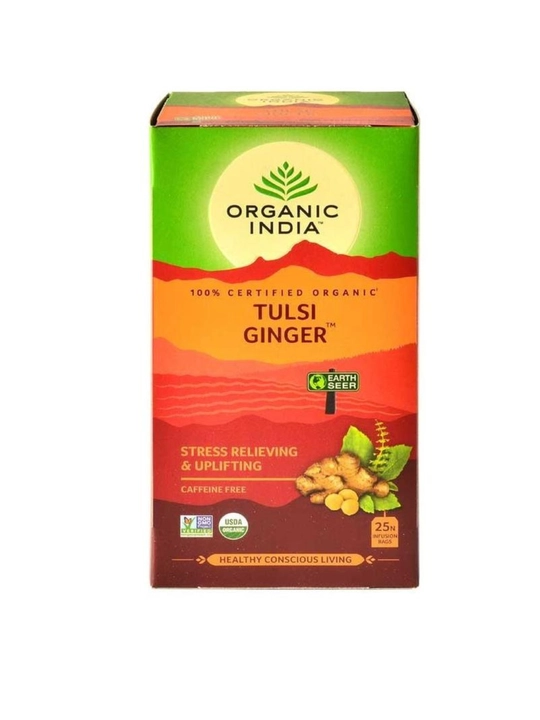 Чай Tulsi Green Tea Organic India с имбирём, лимоном и ашвагандхой, произведено в Индии 