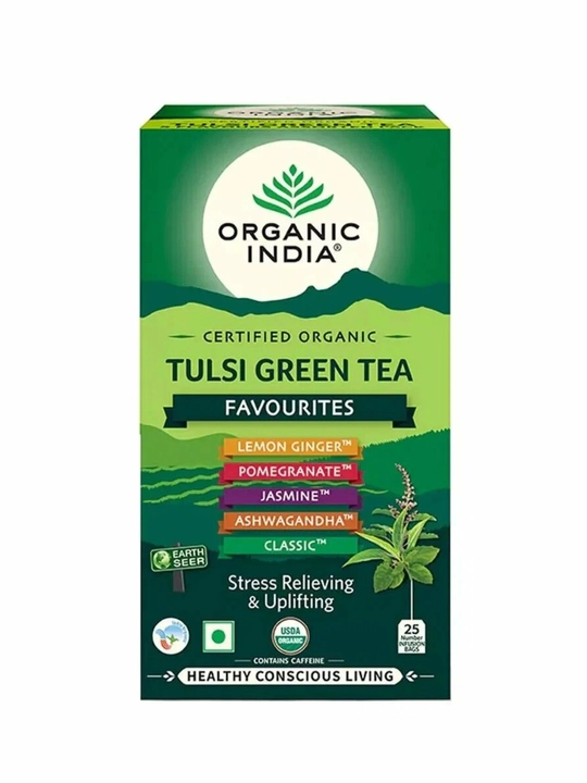 Чай Tulsi Green Tea Organic India с имбирём, лимоном и ашвагандхой, произведено в Индии 