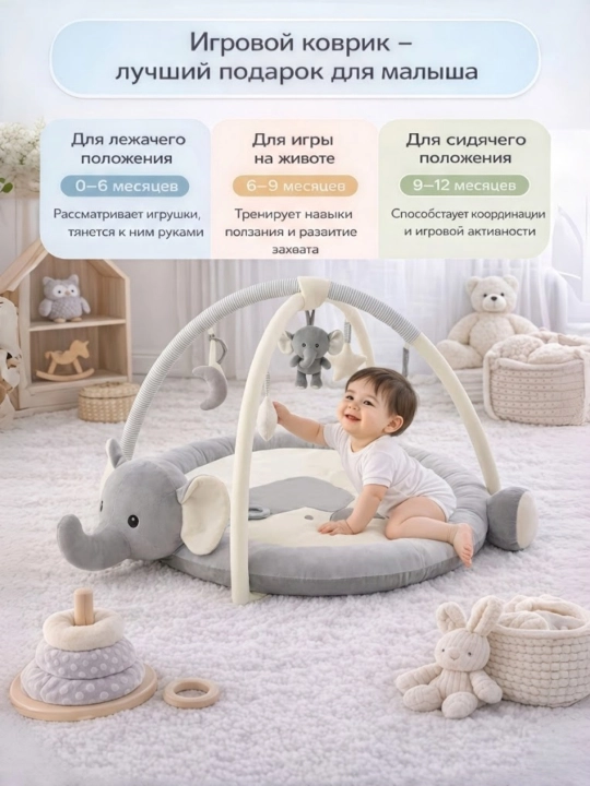 Мягкий игровой коврик для малышей 0–12 месяцев с дугами и подвесными игрушками
