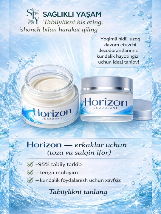 Erkaklar kremli Dezodoranti HORIZON, mutlaqo tabiiy, uzoq saqlanuvchi hidli