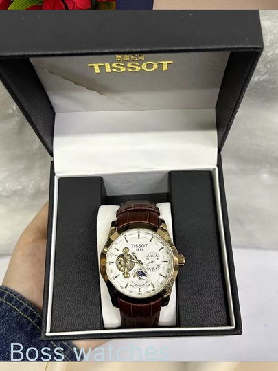 Мужские наручные часы Tissot 1853 механический дизайн, кожаный ремешок с коробкой и документами — BOSSWAT-200W080-КОРИЧН