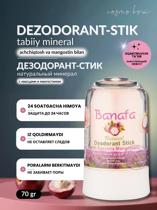 Banafa mineral dezodorant-stiki, tabiiy kristall, 70 gr