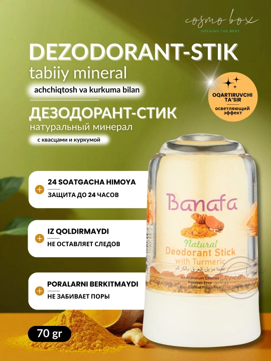 Banafa mineral dezodorant-stiki, tabiiy kristall, 70 gr