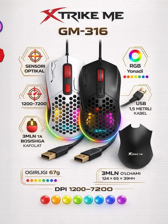 Mышка, игровые мышь RGB XTRIKE ME с чувствительностью от 1200 до 12800 DPI и точный прицел