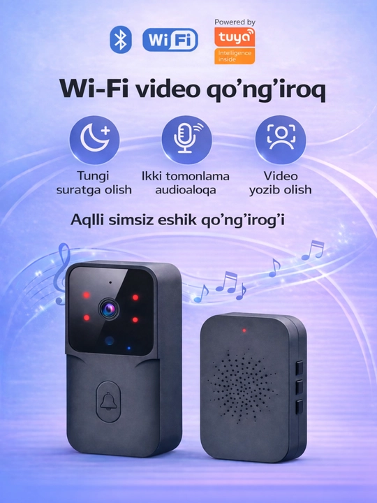 Kamera bilan Wi-Fi video eshik qo‘ng‘irog‘i Tuya Smart/Kement, tungi ko‘rish, ikki tomonlama aloqa