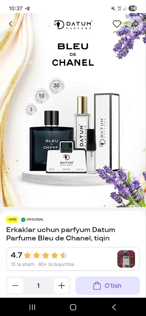 Erkaklar atiri Datum Parfume Blue Seduction Man, dengiz va yalpiz notalari bilan
