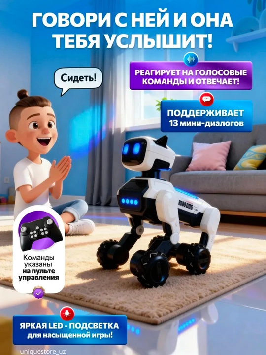 Interaktiv robot it o‘yinchoq, harakatlanuvchi, LED yoritgichli, bolalar uchun aqlli o‘yin
