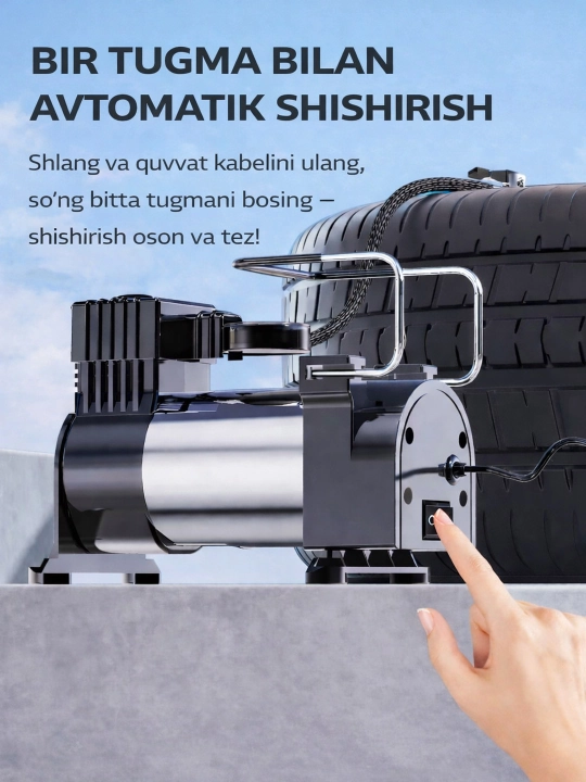Avtomobil uchun kompressor nasosi 12V aksessuarlar to‘plami bilan
