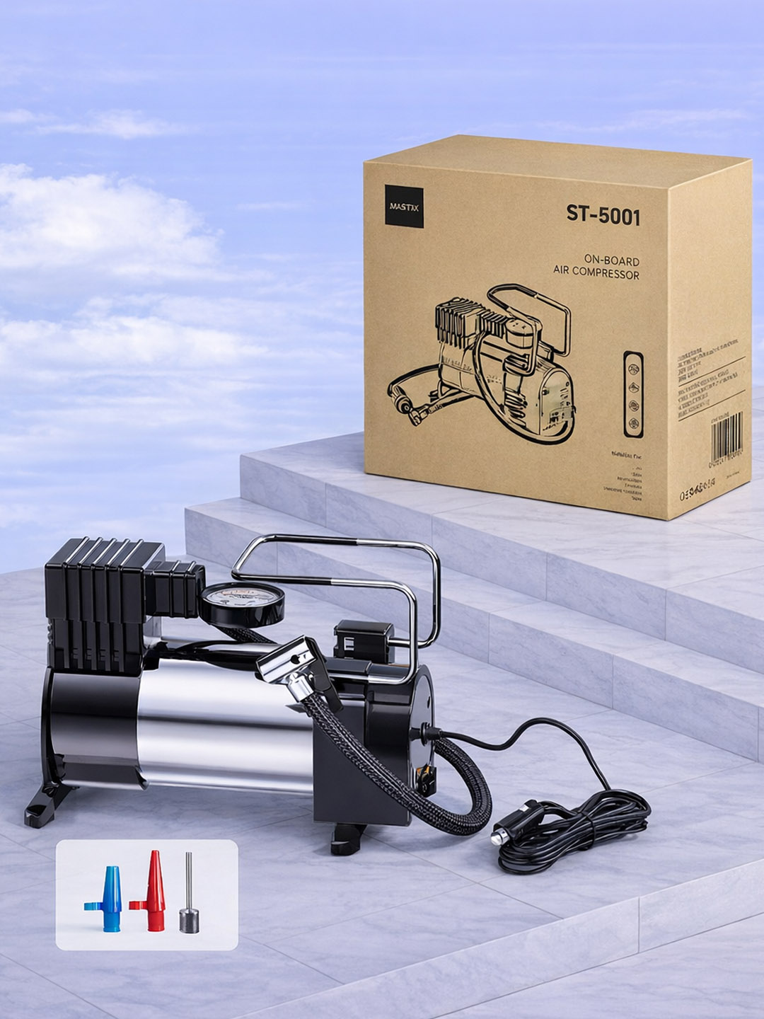 Avtomobil uchun kompressor nasosi 12V aksessuarlar to‘plami bilan