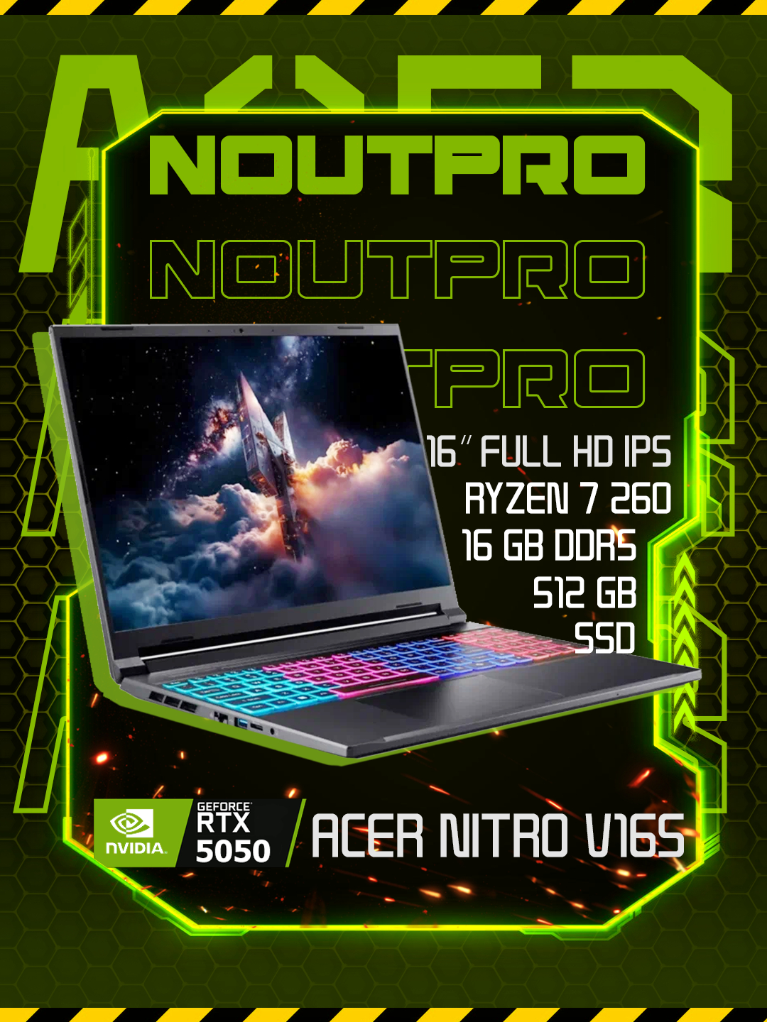 Ноутбук Acer Nitro V 16S, Ryzen 7 260,16.0 FHD IPS 180Hz, RTX 5050/8GB RAM 16GB DDR5/512GB за 12499900 сум со скидкой 29%. Uzum Market
