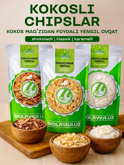 Кокосовые чипсы 3 вкуса (Карамель, Шоколад, Классические) Biolavka, 100 г — HLF-CHIPSKEN-SHOKO