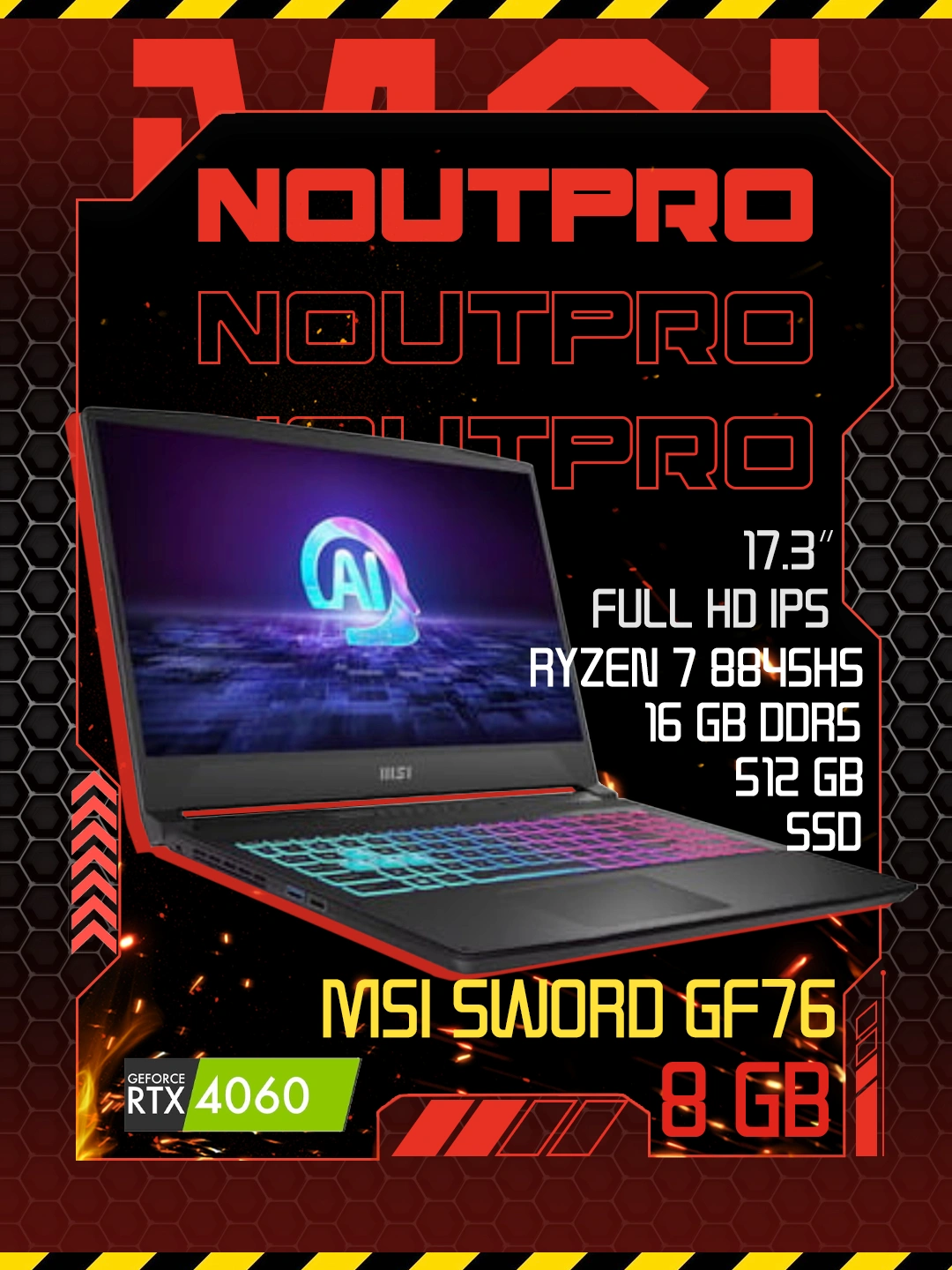 Ноутбук MSI Sword GF76, Ryzen 7 8845HS,16 GB DDR5/512GBSSD RTX 4060 8 GB-17.3″ Full HD IPS за 12999990 сум со скидкой 28%. Uzum Market