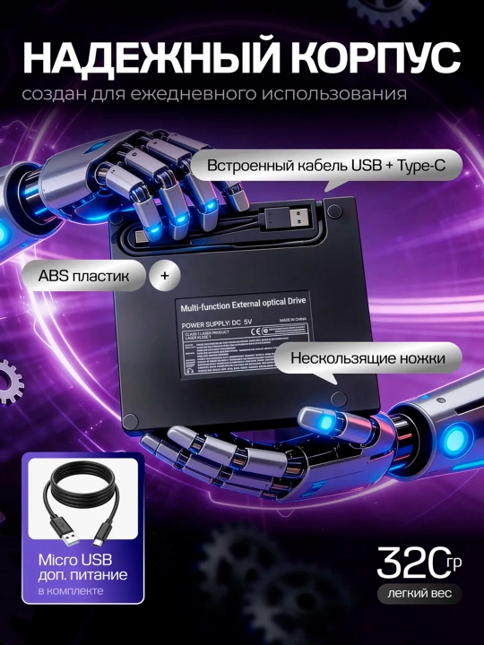 Внешний дисковод 7-в-1 с записью для ноутбука и ПК, CD/DVD привод с USB 3.0 / Type-C