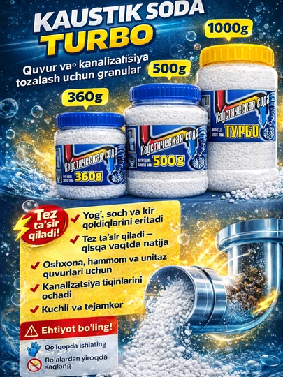 Каустическая сода TURBO – гранулы для прочистки труб и канализации — BBB001-KAUSTIKSODA-Soda360