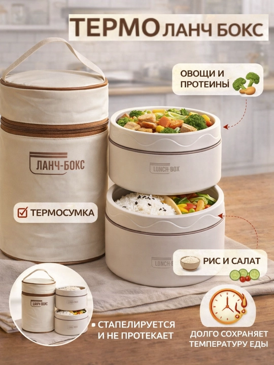 Ovqatni issiq saqlovchi 3 ta shishali lanch boks, termal sumkasi bilan, qulay va mustahkam - 