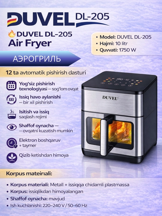 Аerofrityurnitsa (aerogril)"DUVEL" DL-205, 1750W, 10 l. (Germaniya) YANGI - 