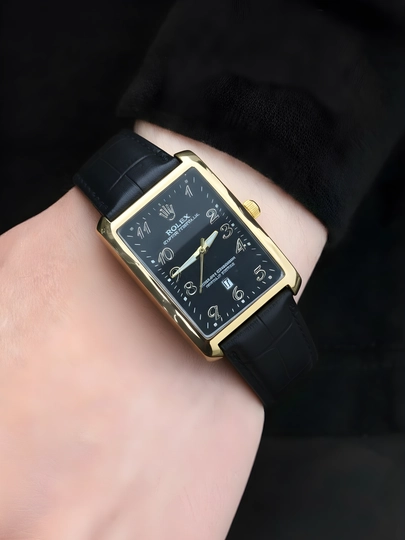 Мужские часы встиле Rolex—классический дизайн,черный кожаный ремешок,современный аксессуар